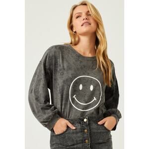 HAYDEN Sunni Smiley Face Black Wash Sweatshirt Misses L